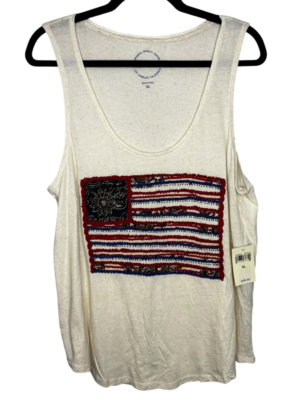 New Lucky Brand American Flag Embroidered Beaded Tank Top Cotton/Linen Size XL